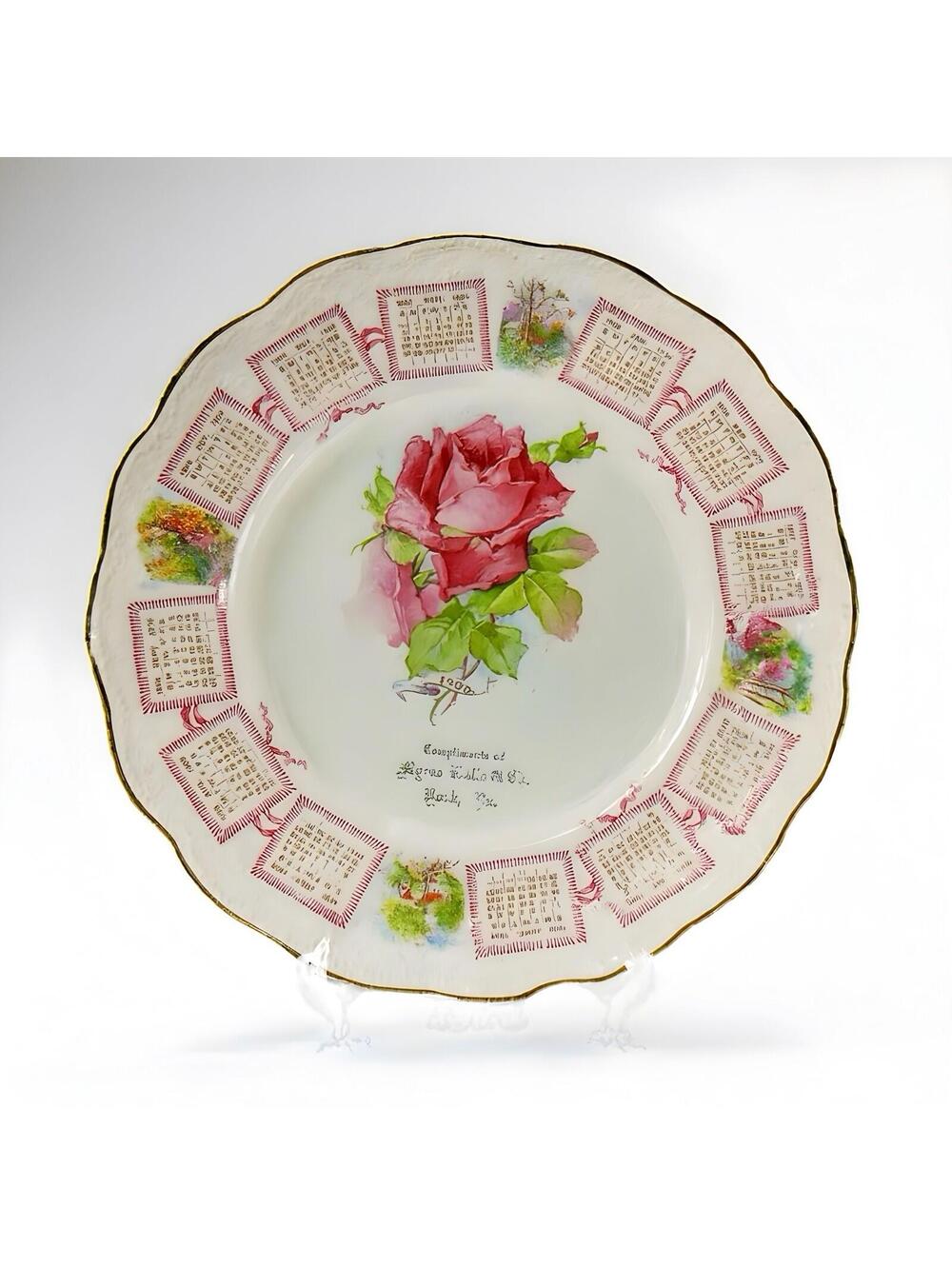 1908 Noritake Porcelain Calendar Plate with Pink Rose Design